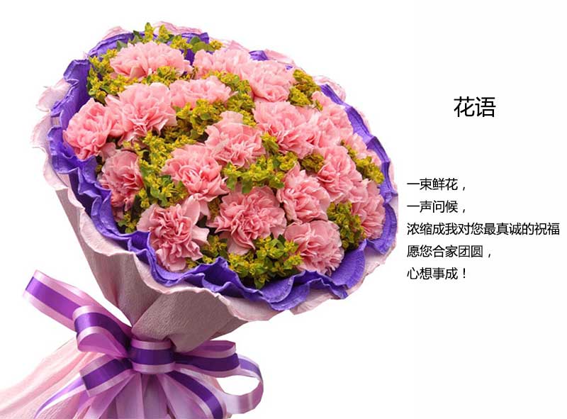 19枝粉色康乃馨搭配绿叶; 包装:紫色卷边纸包装,紫色蝴蝶结扎;  花语